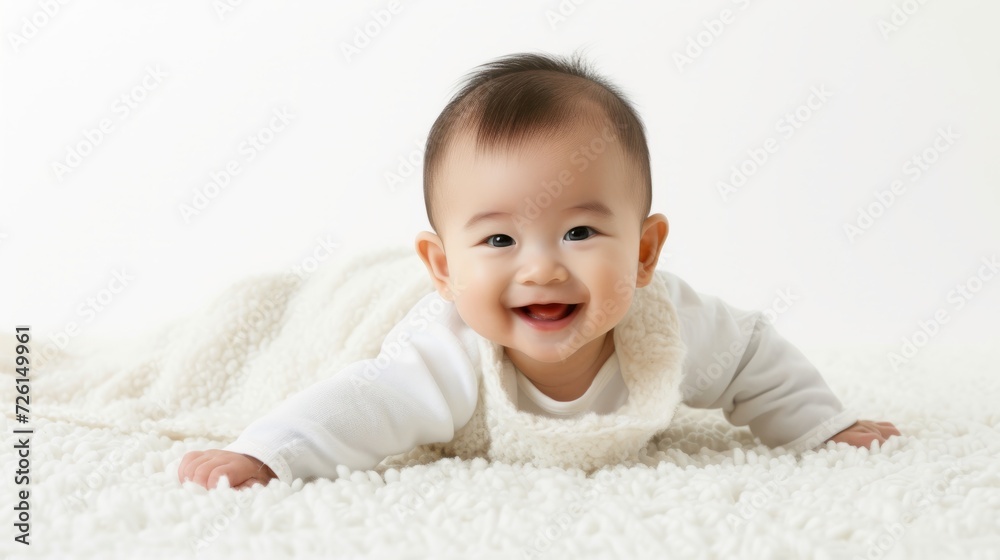 Smiling cute asian baby boy full body lying down on the fluffy rug Smiling cute asian baby boy full body lying down on the fluffy rug