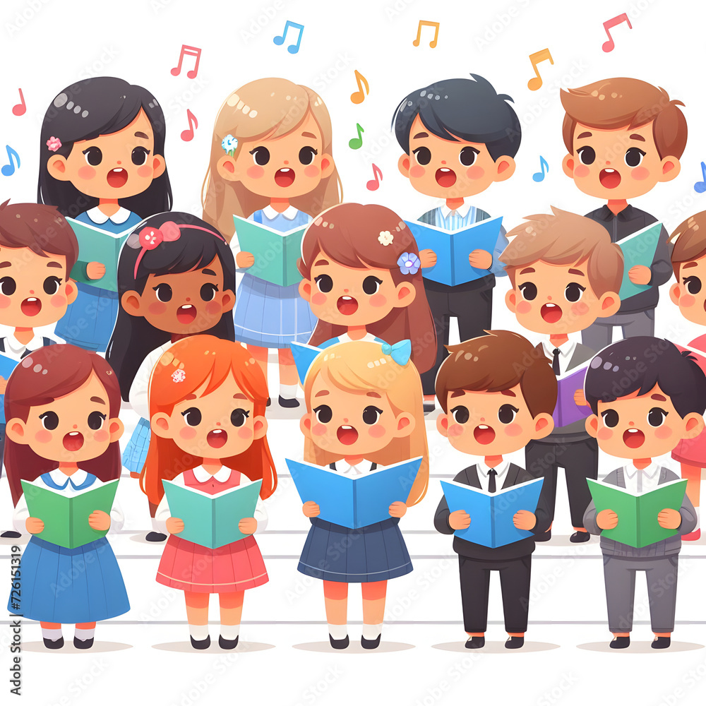 Cute children singing song together. Little kids singers in choir. Diverse vocal talented girls and boys group chorus from music school. Flat vector illustrations isolated on white background Cute children singing song together. Little kids singers in choir. Diverse vocal talented girls and boys group chorus from music school. Flat vector illustrations isolated on white background