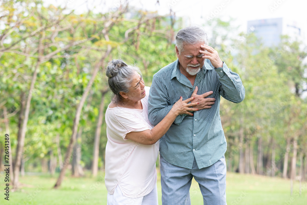 Fototapeta premium asian senior man have a headache and chest pain from heart attack in the park
