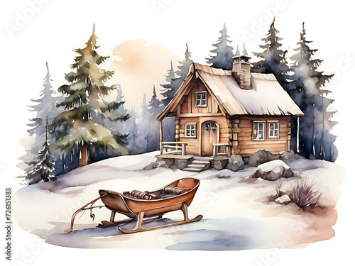 A winter landscape with a small wooden winter house and vintage sledge among snow-covered spruces hand drawn in watercolor isolated on a white background photo