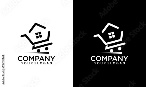 Creative linear Cart with house logo design Vector Illustration. Home store shop cart logo concept design symbol template. Real estate and housing market Store icon