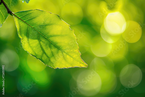 A macro shot of a sun-kissed green leaf against a blurred, vibrant green background
