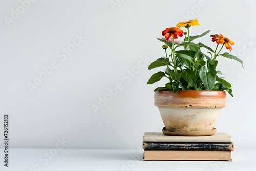 Zenia flowers in a clay pot and books on white table. Minimalistic, copy space AI generated image.  photo