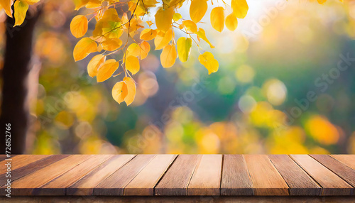 Autumn image and wooden table material.