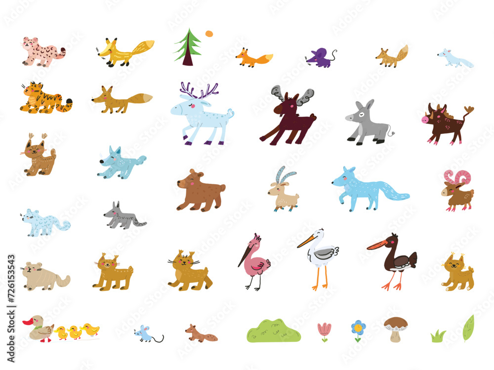 forest animals doodle colorful set  