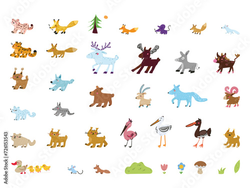 forest animals doodle colorful set  