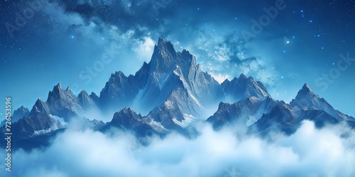 Majestic Mountain Peaks Amidst Starry Night and Clouds