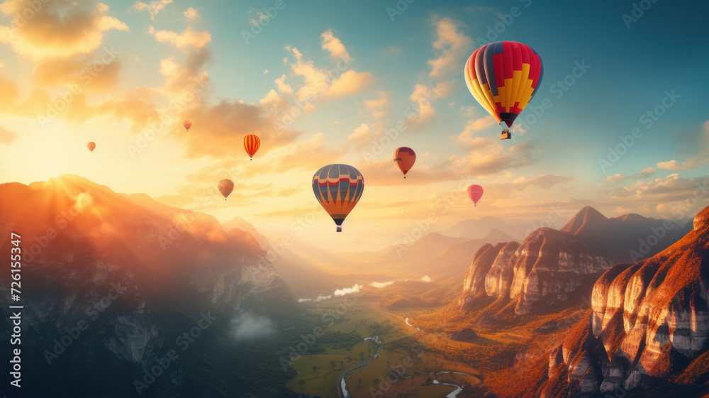 Colorful hot air balloons flying over mountain Colorful hot air balloons flying over mountain