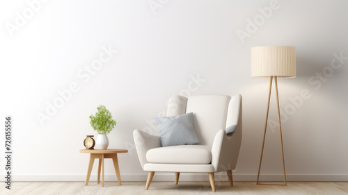 Modern living room interior composition with fluffy armchair