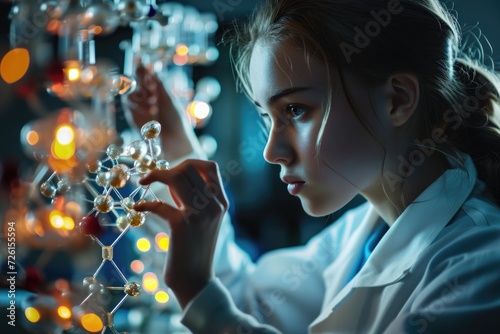 Teenage girl studying molecule model in university lab.