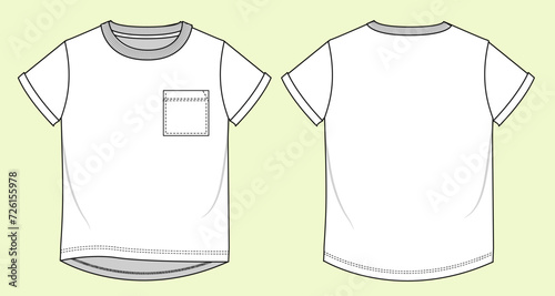 Baby Boys Turn-Up Short Sleeve with Back Hem Curve, Chest Pocket T-shirt Fashion Flat Sketch with Black and White Outline – Front and Back View Template Mock-up