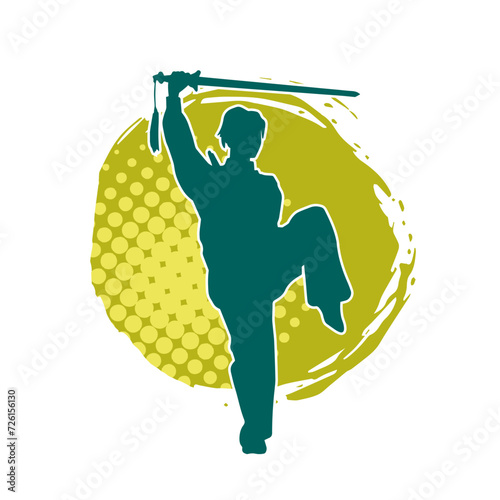 Silhouette of a female fighter in action pose carrying sword weapon.
