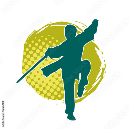 Silhouette of a female fighter in action pose carrying sword weapon.
