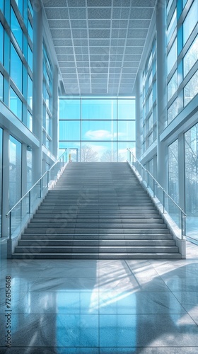 Futuristic Symmetrical Staircase Centered in a Spacious Conference Interior Hall, Adjacent to Glass and Metal Elements.