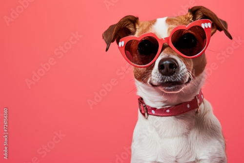 A comical shot of a dog wearing oversized heart-shaped sunglasses and posing as if they're the star of a Valentine's Day  photo