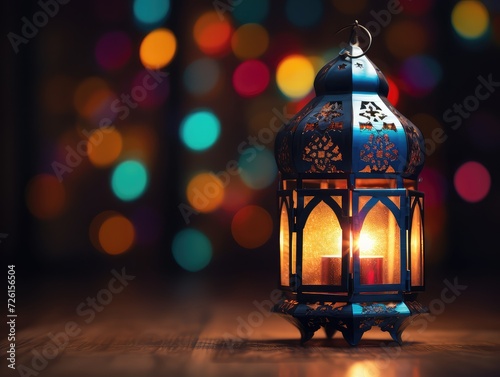 Ramadan Kareem Beautiful Islamic Holy Mosque with golden lights and islamic decorative lamps © Ai Expert