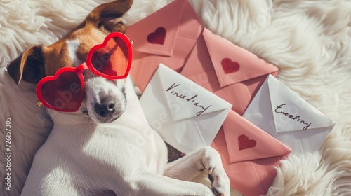 A heartwarming photo capturing a dog with heart-shaped sunglasses cuddled up next to a pile of Valentine's Day love letters and envelopes.