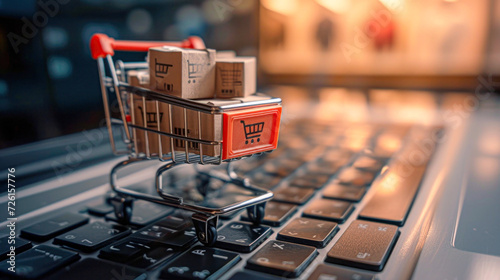Miniature shopping cart filled with small boxes on a laptop keyboard, symbolizing online shopping and e-commerce concept.