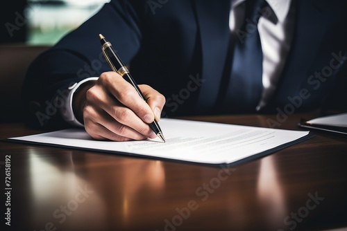 A man in a suit signing a document.