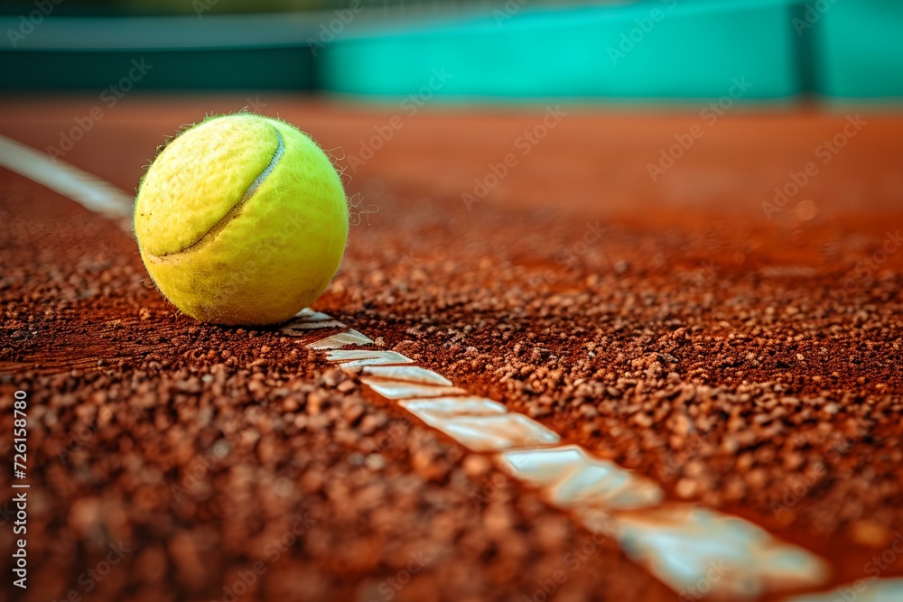 Close-up of a tennis ball on a clay court. vibrant sports scene, perfect for athletic content. focus on tennis equipment and sport lifestyle. AI