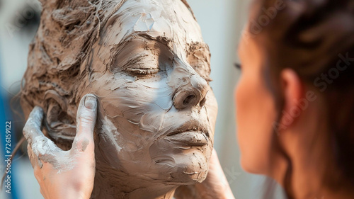 Clay Reflections: A Woman Capturing Her Essence in Self-Sculpted Form. Generative AI photo