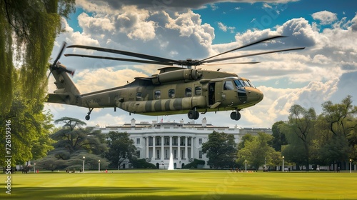Military helicopter landing near white house on a sunny day, governmental authority transport in action. AI photo