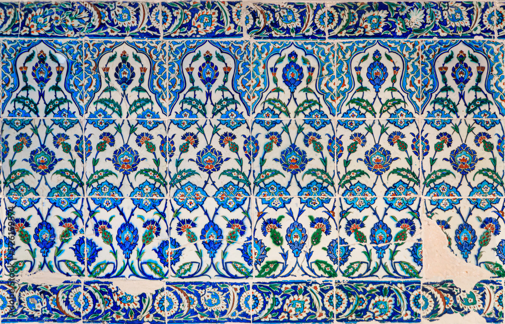 Ornate blue Iznik tiles with floral Islamic patterns, traditional Ottoman style in Istanbul, Turkey