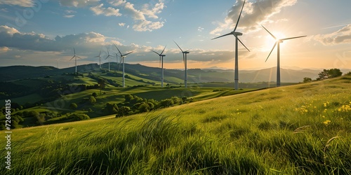 Renewable energy landscape. wind turbines, rolling hills and sunset sky. beautiful countryside scenery. clean energy concept. AI