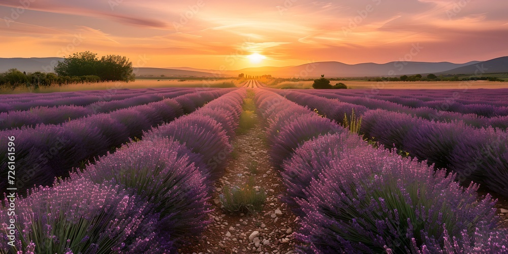 Serene lavender fields at sunset, nature's beauty unveiled. perfect for calming scenery and wallpapers. AI