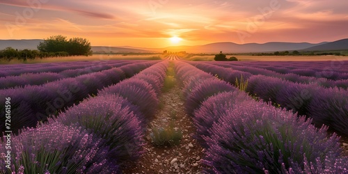 Serene lavender fields at sunset, nature's beauty unveiled. perfect for calming scenery and wallpapers. AI