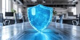 Digital Protection, A Transparent Digital Shield Superimposed on a Blurred Office Background, Emphasizing Security in the Digital Workplace.