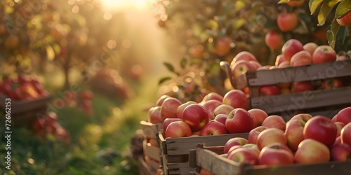 Golden sunshine over bountiful apple harvest in orchard. fresh, organic produce theme with rustic wooden crates. seasonal agricultural work in nature. AI