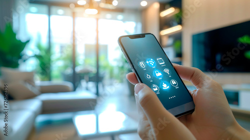 Image of a person controlling a smart home using a smartphone. smart home on a phone. Generative AI