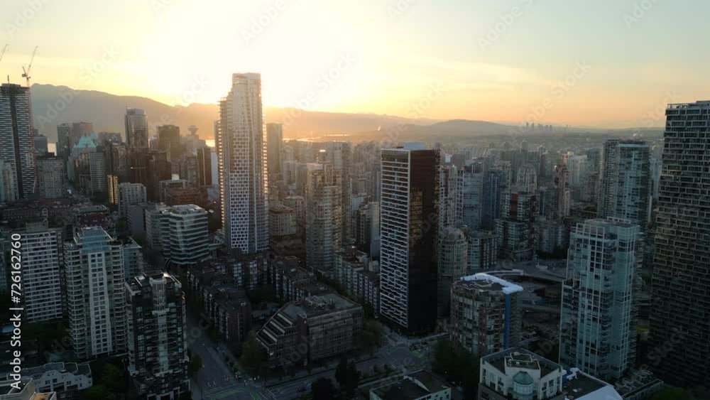 Aerial view of the skyscrapers in Downtown of Vancouver at dawn, Canada Aerial view of the skyscrapers in Downtown of Vancouver at dawn, Canada