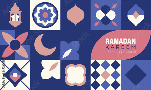 Islamic festival poster background design in flat geometric style, arabic calligraphy, crescent moon and lantern. Suitable for Ramadan Kareem , Hari Raya, Eid Mubarak, Eid al Adha.