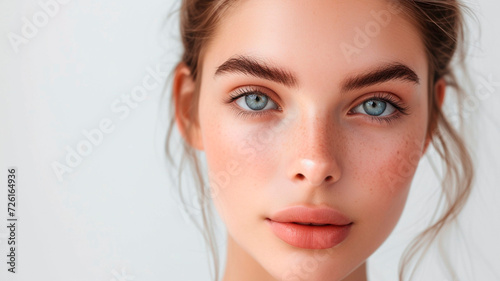 A close-up of a young girl with perfect skin on a white background. Generative AI