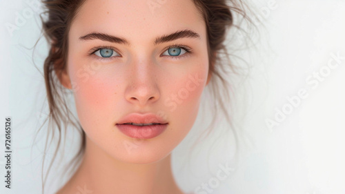 A close-up of a young girl with perfect skin on a white background. Generative AI