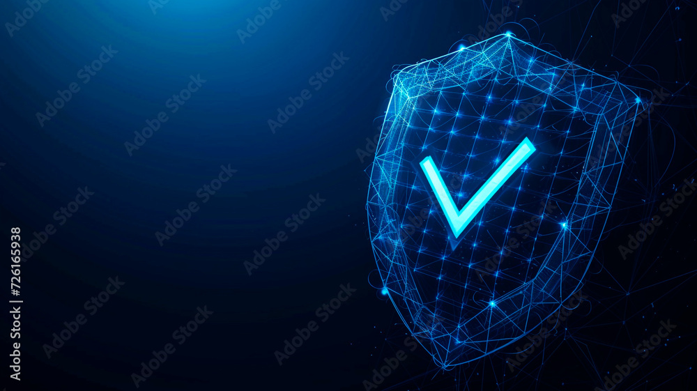The secure technology is illustrated by a polygonal wire shield decorated with a checkmark symbol on a dark blue background. It represents a secure service that provides data protection. Generative AI The secure technology is illustrated by a polygonal wire shield decorated with a checkmark symbol on a dark blue background. It represents a secure service that provides data protection. Generative AI