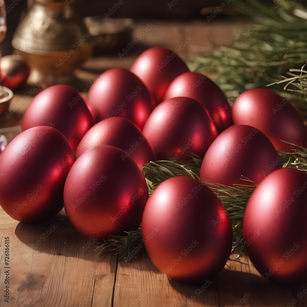 Group of Red easter eggs on Table
