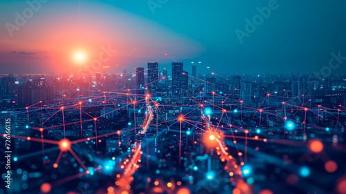 A depiction of smart city technology represented by interconnected pixels and lines  showcasing a distinctive integration of modern and innovative smart technologies . Generative AI