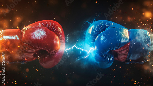 Two boxing gloves facing each other, one red, one blue. symbol of confrontation. light haze, fire and lightning between the gloves. Generative AI photo