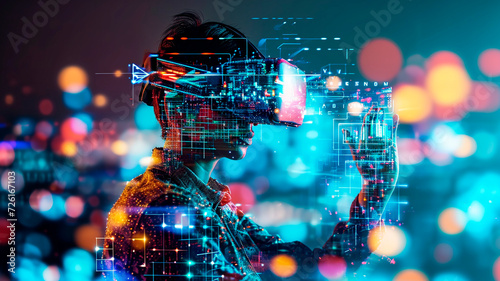 Virtual Reality: a person wearing virtual reality goggles, fully immersed in the digital realm. new technologies for entertainment and recreation. Generative AI