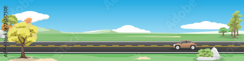 Travels of family car for banner. Asphalt road near the meadow with green mountain under clear sky. Trees and rocks in spring are spaced out at intervals. Copy Space Flat Vector.