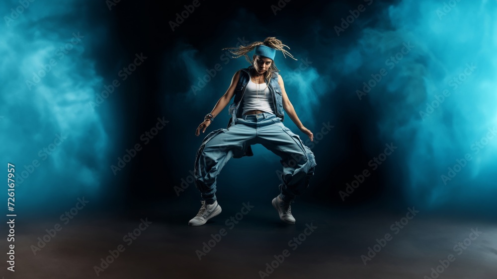 Abstract outline captures the dynamic essence of a hip-hop dancer, showcasing their breakdance skills in a silhouette on a blue backdrop. Generative AI. Abstract outline captures the dynamic essence of a hip-hop dancer, showcasing their breakdance skills in a silhouette on a blue backdrop. Generative AI.