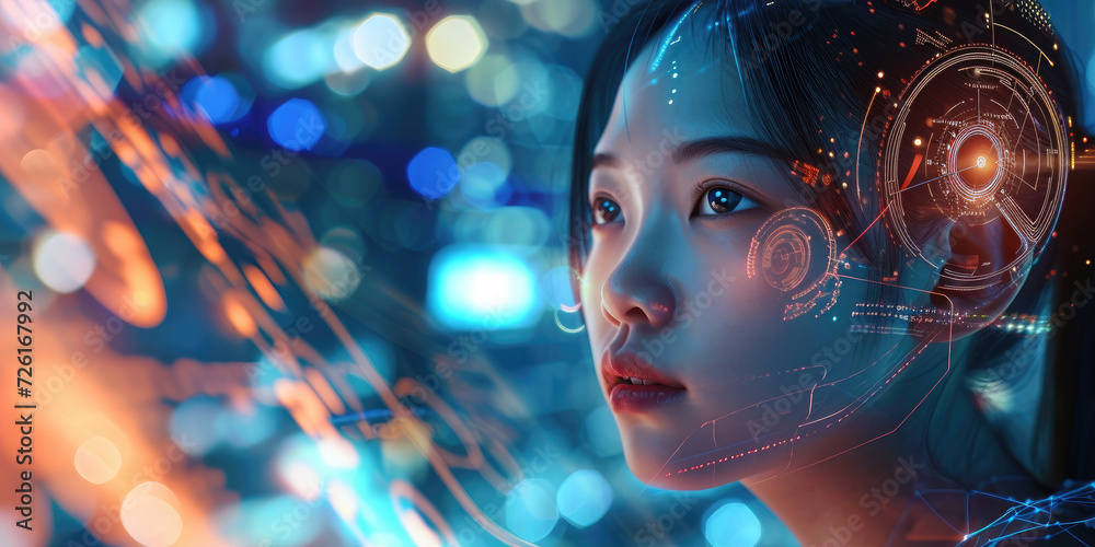 Asian Woman looking Line of Code Projected on Her Face and Reflecting. Software Developer Working on Innovative e-Commerce App using AI, Big Data Asian Woman looking Line of Code Projected on Her Face and Reflecting. Software Developer Working on Innovative e-Commerce App using AI, Big Data