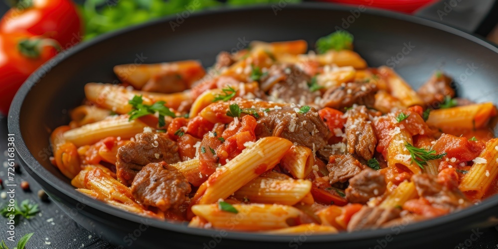 Close-up Macro Photo of Beef Penne Pasta in Tomato Sauce, Presented in a Black Pan