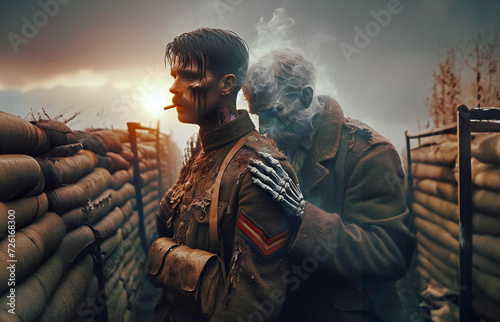 The ghostly form of a skeletal WW1 soldier places a comforting hand on the shoulder of his friend who remains on the battlefield photo