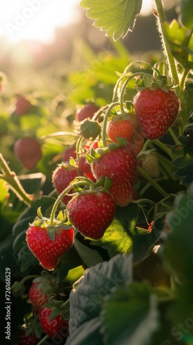 A Close-Up Capture of Ripe Strawberries Basking in Sunlight  Their Luscious Red Hue Signaling Readiness for Harvest.