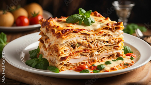 Savory layers of delicious chicken lasagna served elegantly on a pristine white plate  set against the warm backdrop of a wooden table