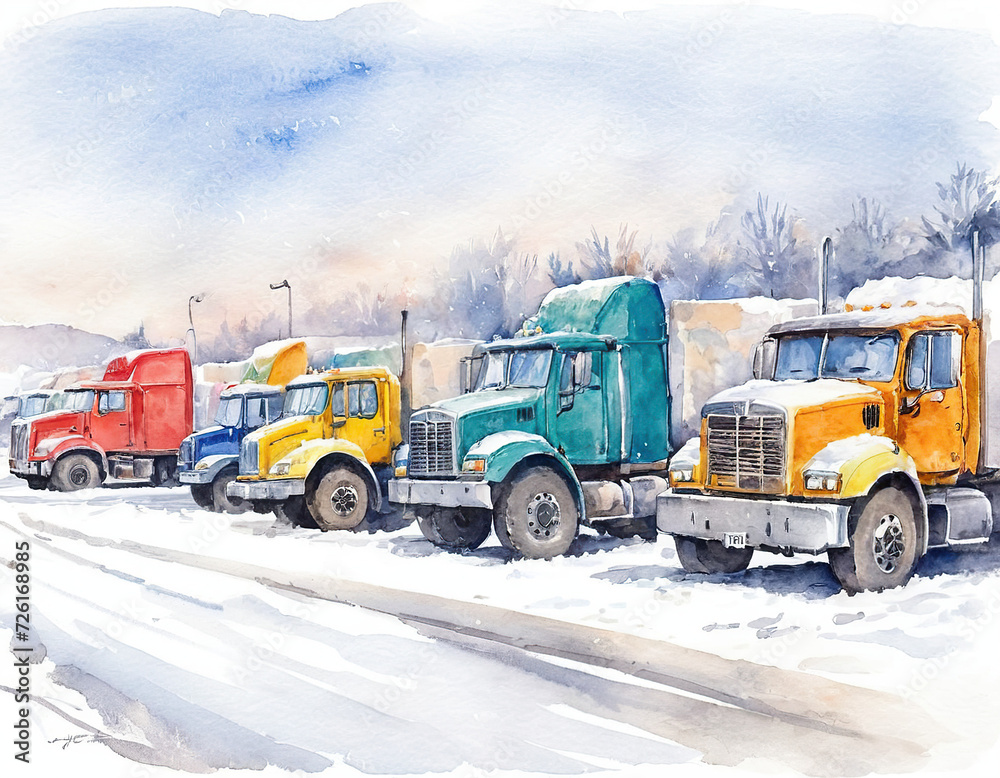 watercolor drawing Queue of trucks at the border crossing point, winter time